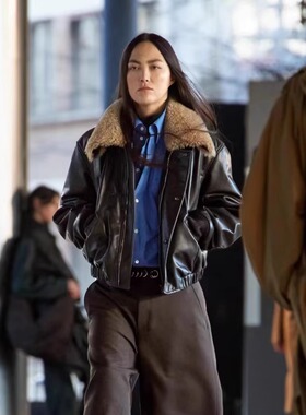 秋冬深巧克力色NAPPA牛皮皮夹克羊羔毛大翻毛领廓形男女同款皮衣