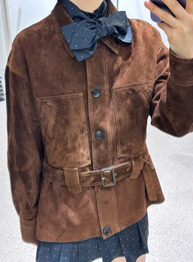 MESINVER 秋季新款女士翻领复古羊反绒皮衣短款百搭夹克外套皮衣