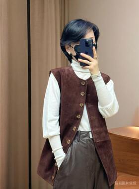海宁秋冬新品老钱复古风麂皮羊反绒多颗扣大女主修身高知马甲背心