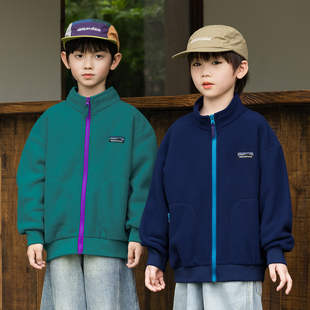上衣2025新款 男童冬季 儿童加绒外套 双面登山绒撞色拉链衫 户外童装