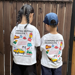 山系户外童装夏季上衣中大儿童户外露营印花宽松男童纯棉短袖T恤