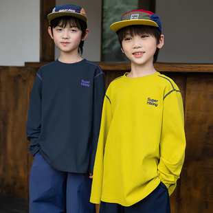 T恤儿童速干运动训练上衣 山系户外男童明线拼接圆领落肩宽松长袖