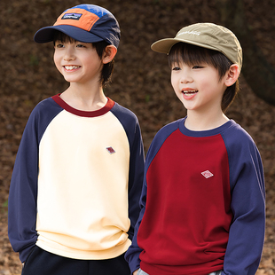 儿童套头百搭上衣童装 打底衫 体恤潮 长袖 男童撞色插肩加绒T恤冬装