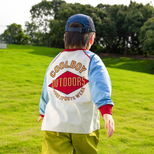 T恤衫 男童春秋装 素印花撞色插肩长袖 儿童山系户外露营元 2025新款