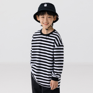 男童春秋针织街舞上衣潮童装 日系儿童简约黑白条纹T恤长袖 打底衫