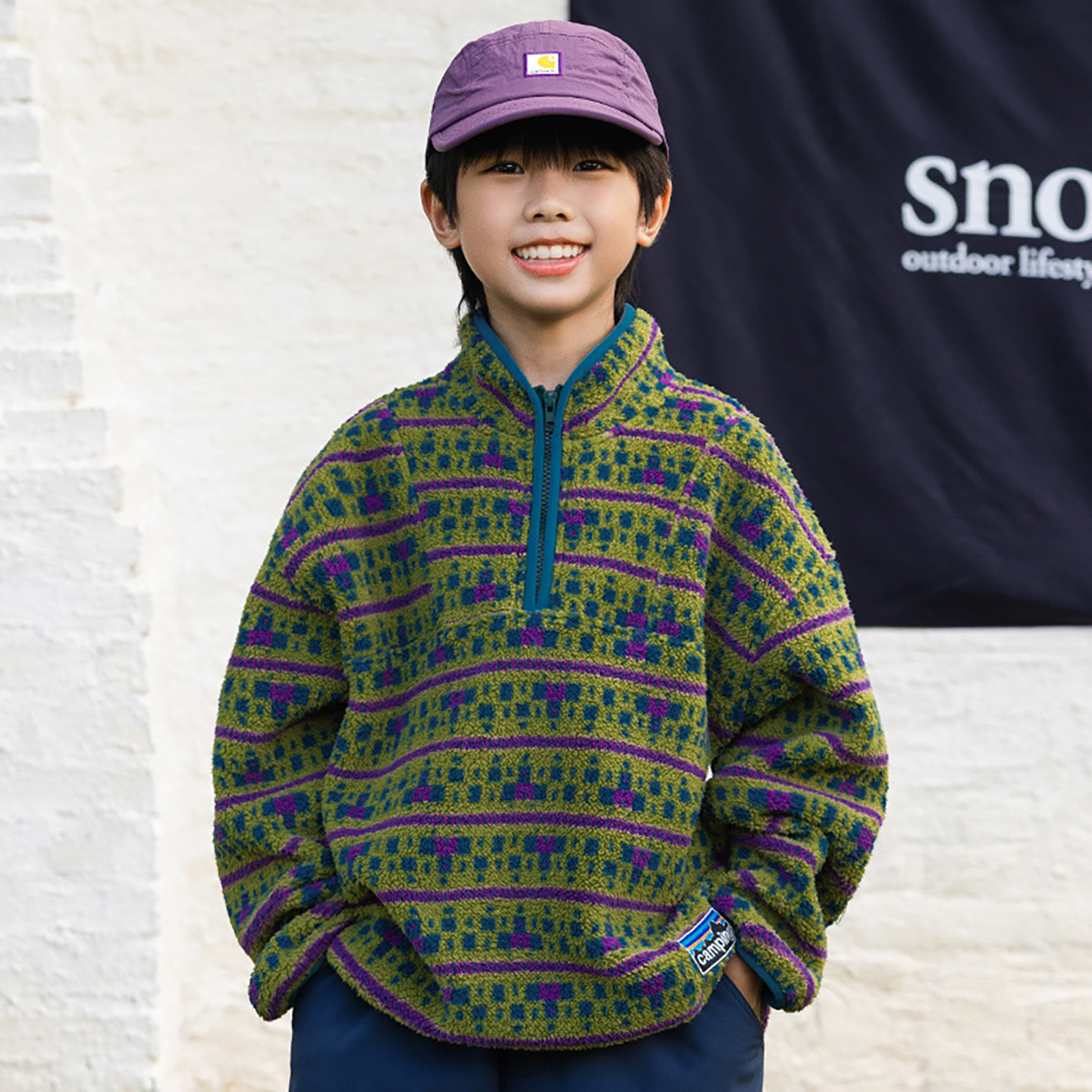 男童冬装山系户外上衣2025新款儿童半开领奥粒绒卫衣童装加绒外套