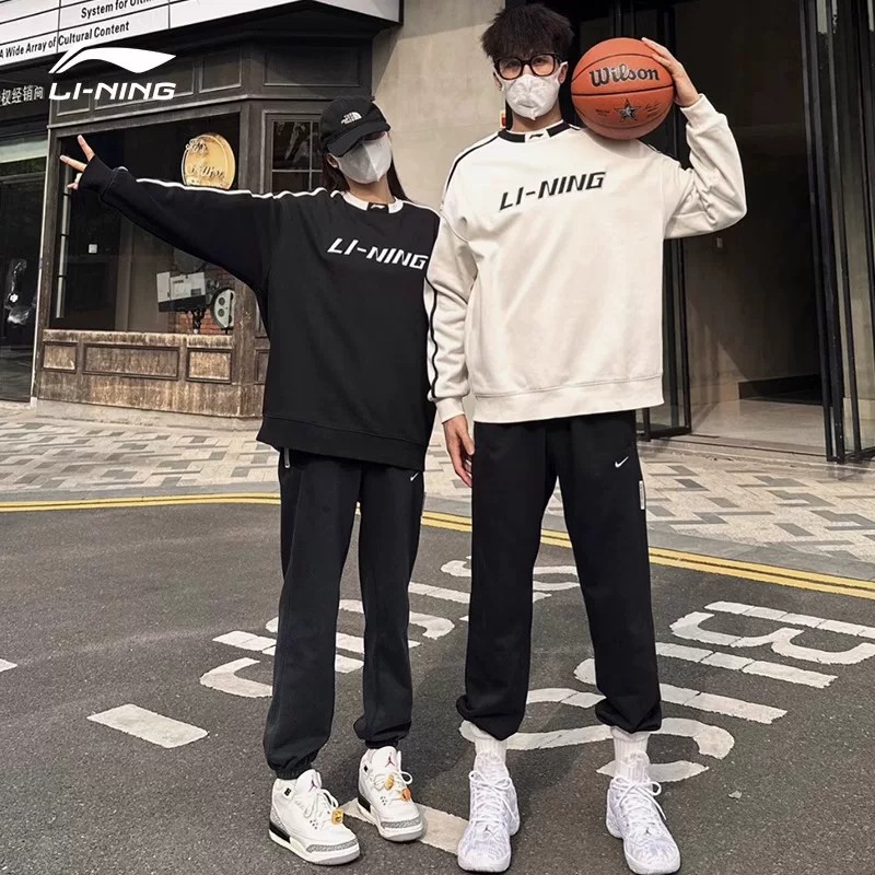 李宁情侣卫衣春款新款男女棒球服宽松潮流百搭圆领刺绣复古套头衫