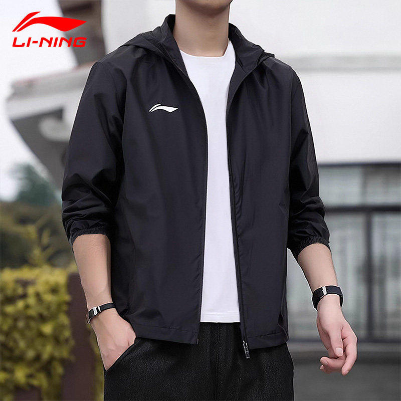 李宁男士外套连帽防风夹克春季新款男装上衣黑色休闲跑步运动风衣