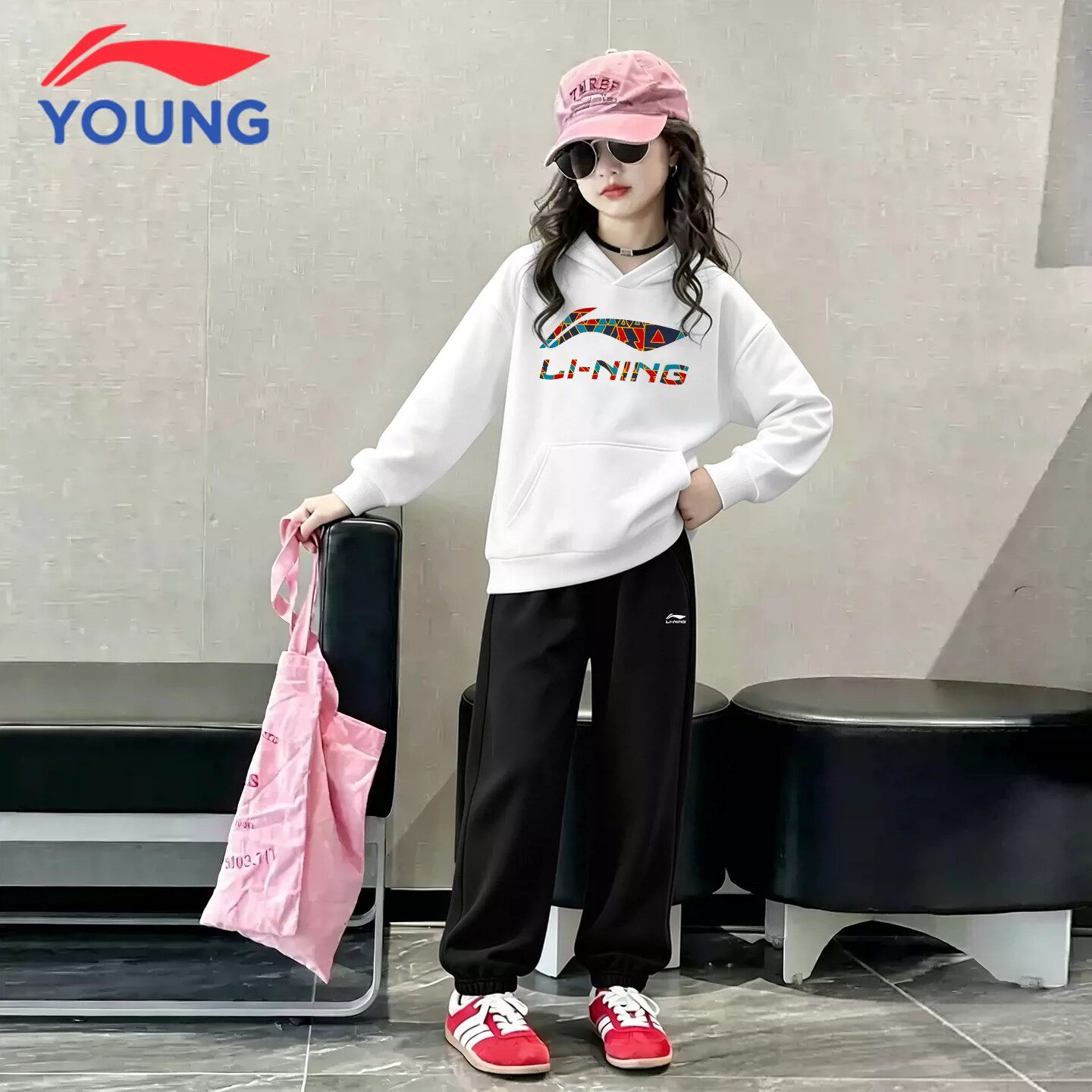 李宁童装儿童秋冬加绒套装新款女童运动服初中生保暖连帽卫衣卫裤