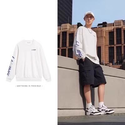 李宁圆领卫衣男士春秋新款黑色薄绒保暖宽松潮流外套无帽长袖上衣