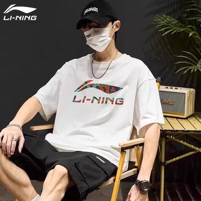 李宁运动短袖男夏季新款大码白色纯棉圆领t恤休闲透气半袖文化衫