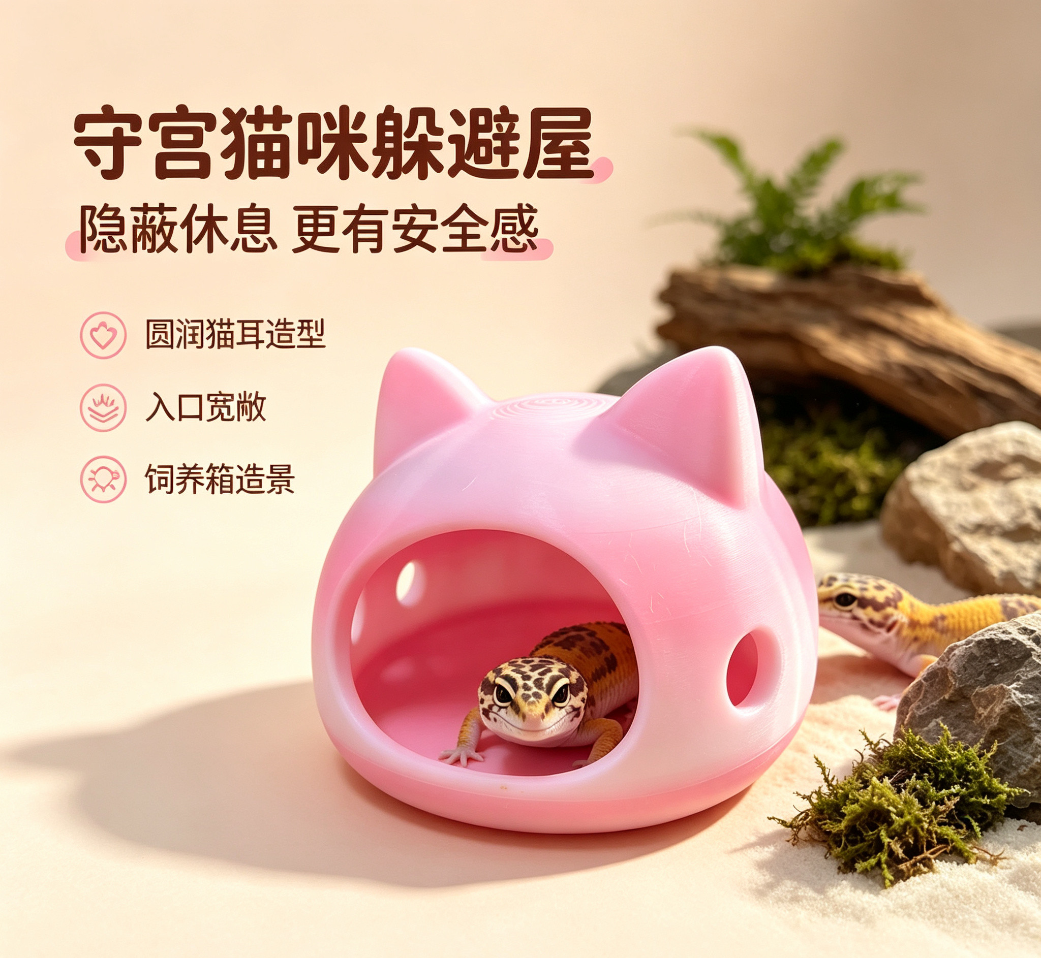 爬宠躲避屋蜥蜴豹纹守宫造景装饰窝鬃狮角蛙安全无毒猫猫头躲避盒