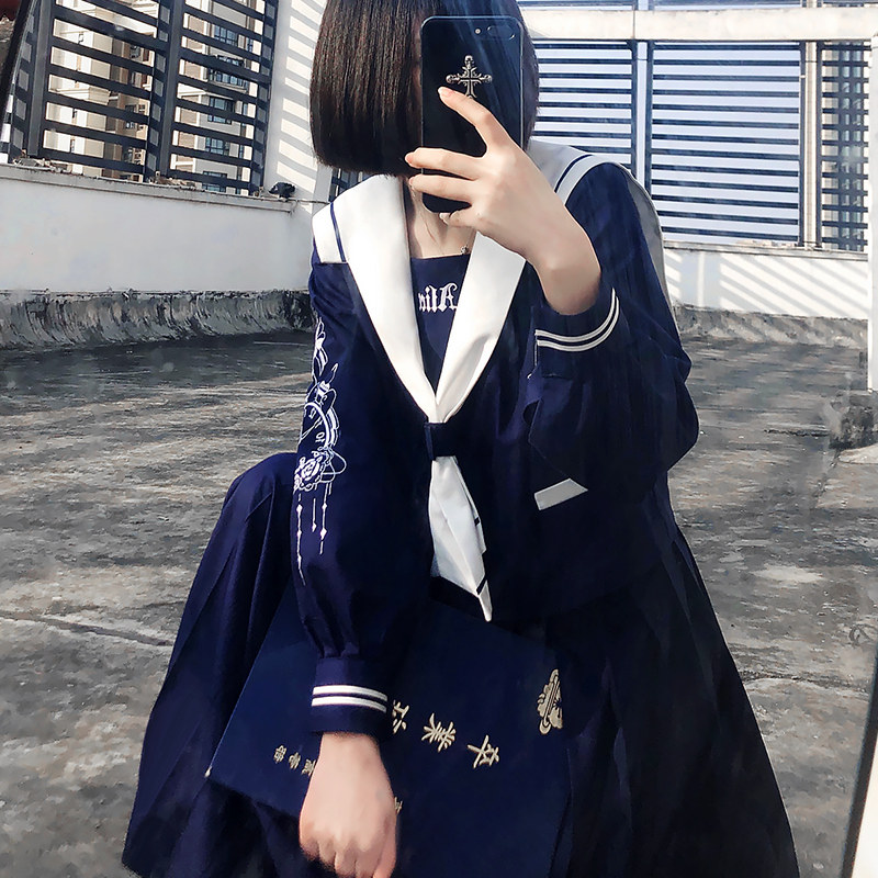 爱丽丝 原创水手服正统JK制服套装夏服短袖中间服不良JK日系短裙