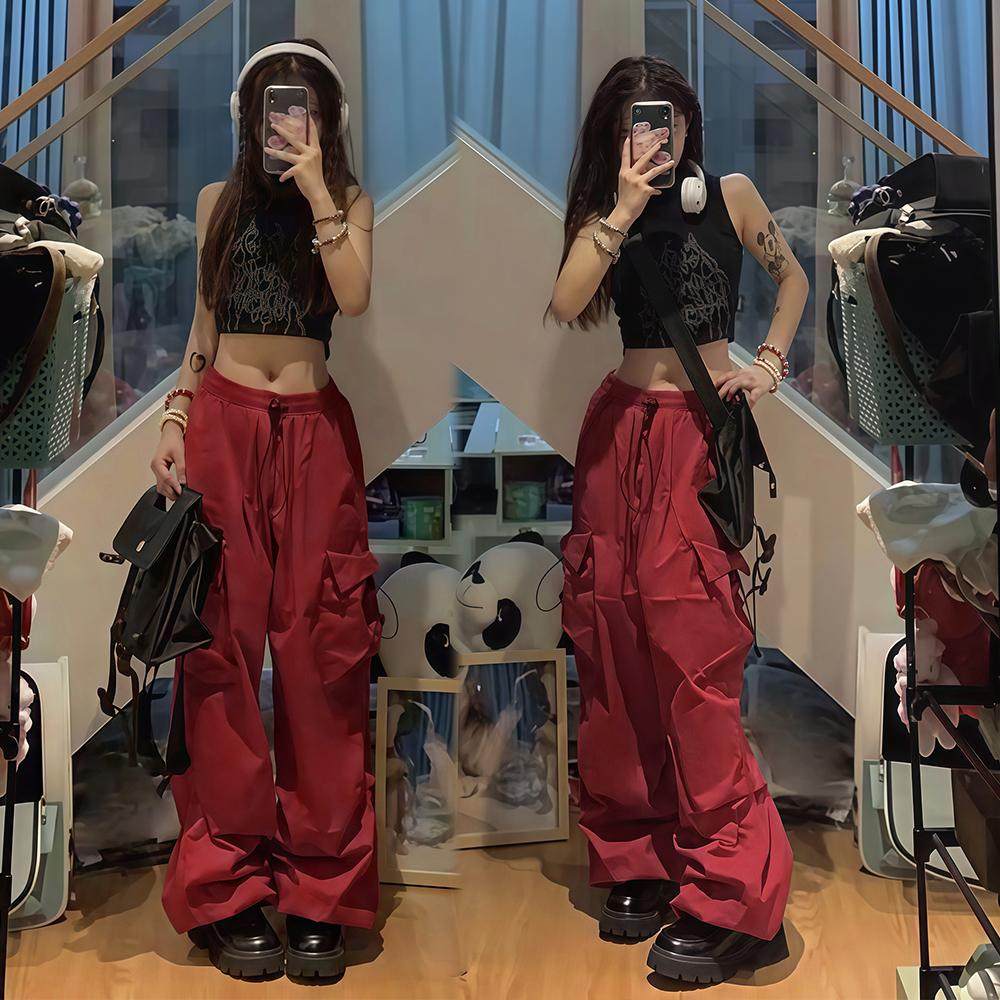 红色褶皱伞兵工装裤女高街潮牌复古设计感美式阔腿休闲运动长裤子,女装/女士精品,休闲裤,淘宝优惠券,粉丝福利购,淘宝优惠卷