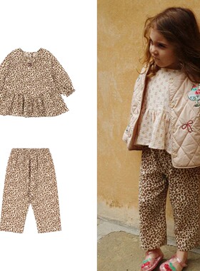 现货▲丹麦konges 26SS女童休闲豹纹中袖上衣裤子