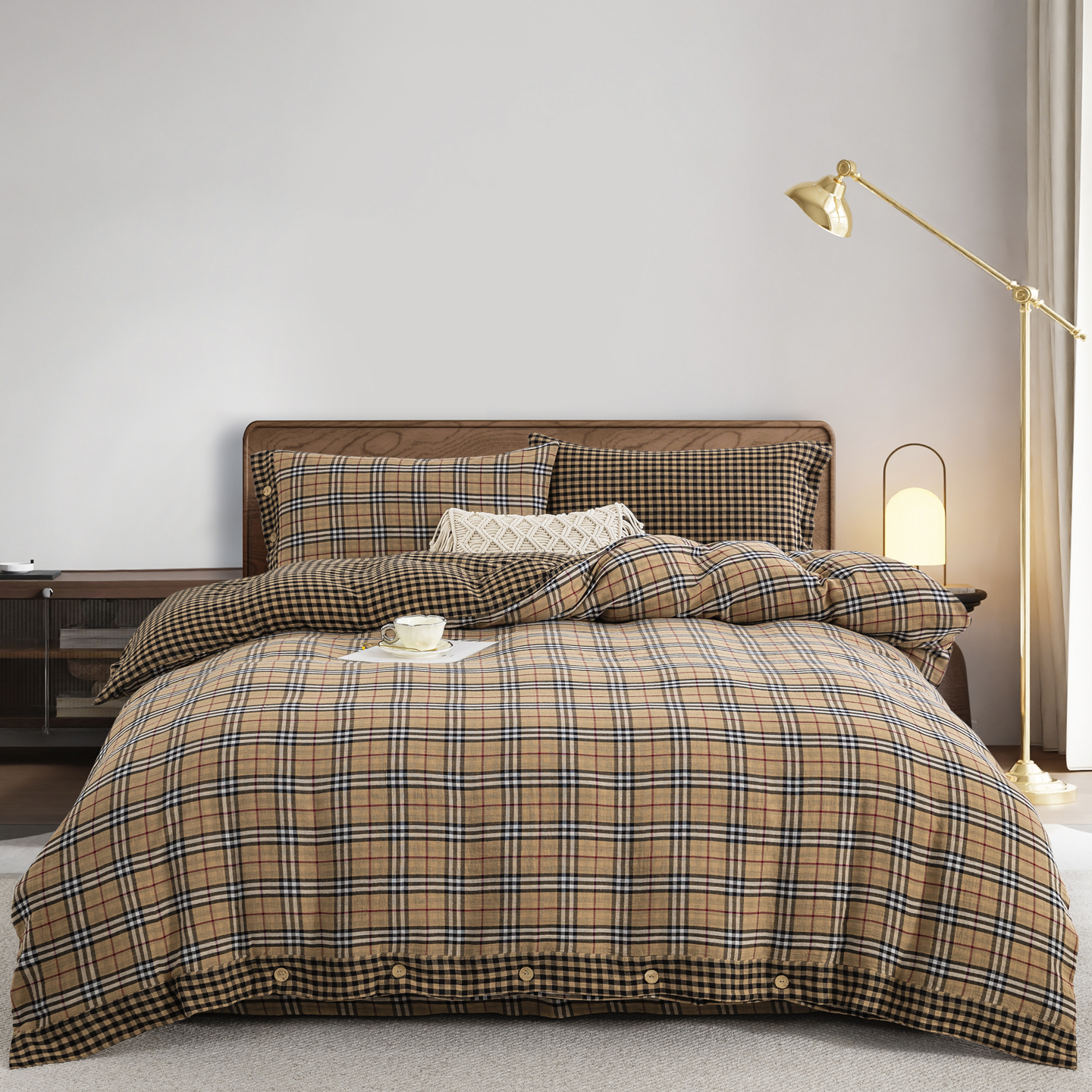 英伦格纹复古A类双面色织提花双层纱全棉四件套纽扣被套纯棉床品