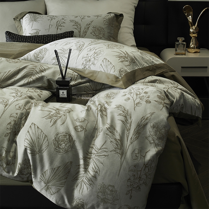 小奢高级感全棉贡缎色织提花四件套淡绿色系简约被套床单床笠床包