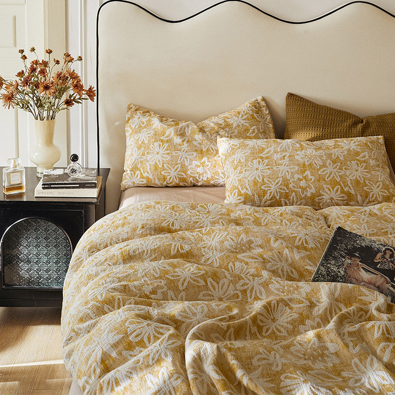 美式慵懒复古全棉空气层提花双层纱四件套水洗全棉床单 1.2床笠包