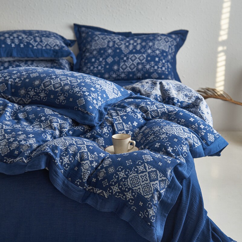 26新中古蓝印风色织全棉双层纱四件套A类母婴吸湿透气纯棉床上用