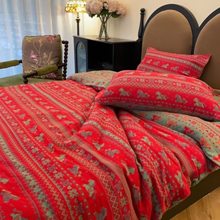 26马到成功本命年红色A类色织提花全棉双层纱四件套圣诞过年床品