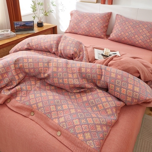 上新复古加厚纯棉色织双层纱三层纱盖毯夏凉被空调被套四件套