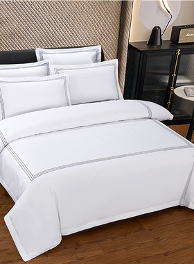 五星酒店宾馆民宿床上用品60s贡缎长绒棉白色四件套床笠床包4件组
