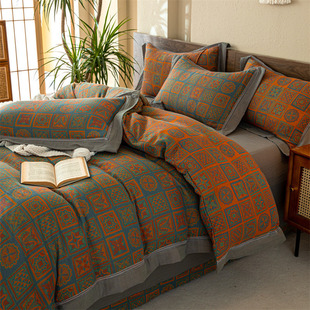 美式复古A类母婴色织提花双层棉纱四件套镂空贴边被套高级感床品