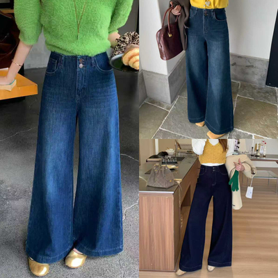 美式复古高腰阔腿牛仔裤