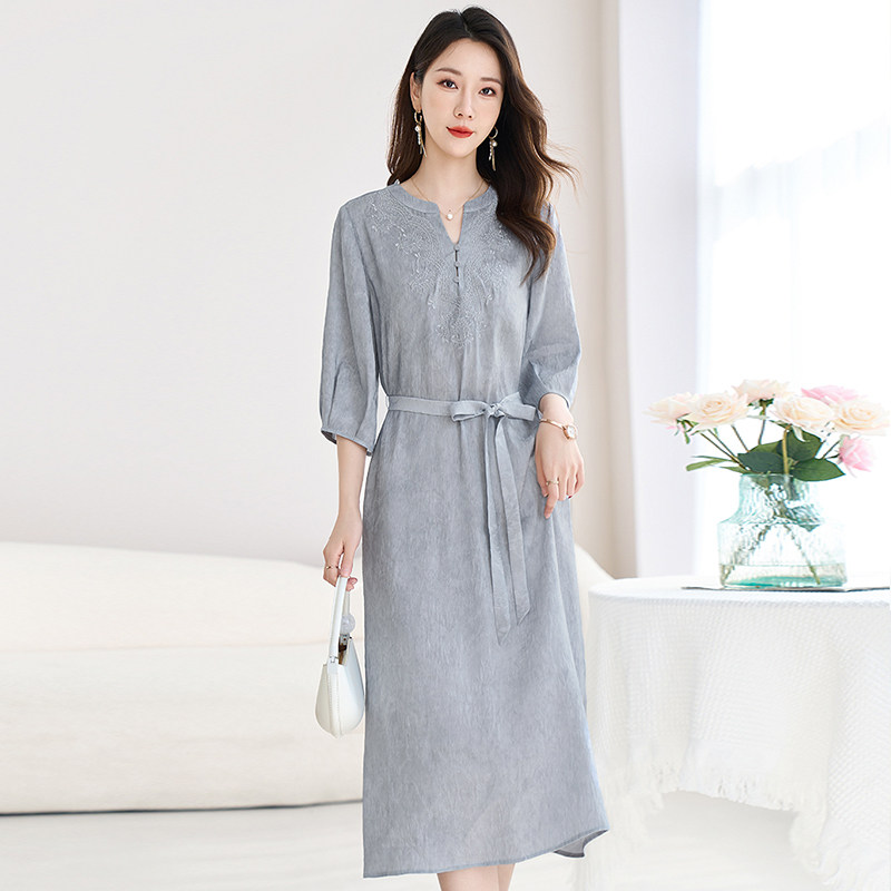 2026新款杭州重磅真丝连衣裙女夏妈妈高端品牌桑蚕丝亚麻丝麻裙子