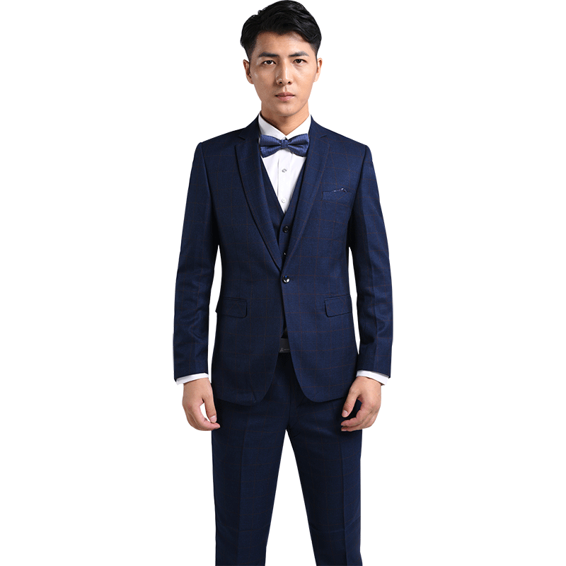 西服套装男士修身青年蓝色格子休闲时尚结婚新郎礼服