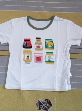 夏季莫代尔半袖摩恩巴特白色圆领卡通印花短袖T恤舒适休闲上衣