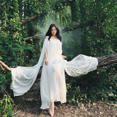 一字肩度假仙气拖地长裙连衣裙