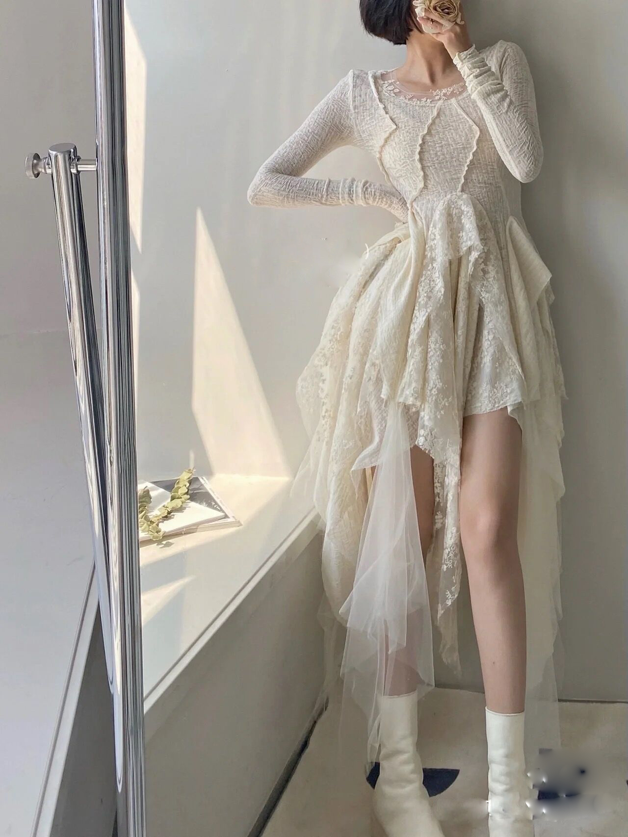 在逃公主超仙约会打底蕾丝网纱长袖不规则连衣裙2023秋季新款女装