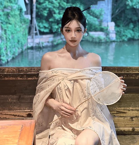 气质混纺禅意印花新中式宽松裙子