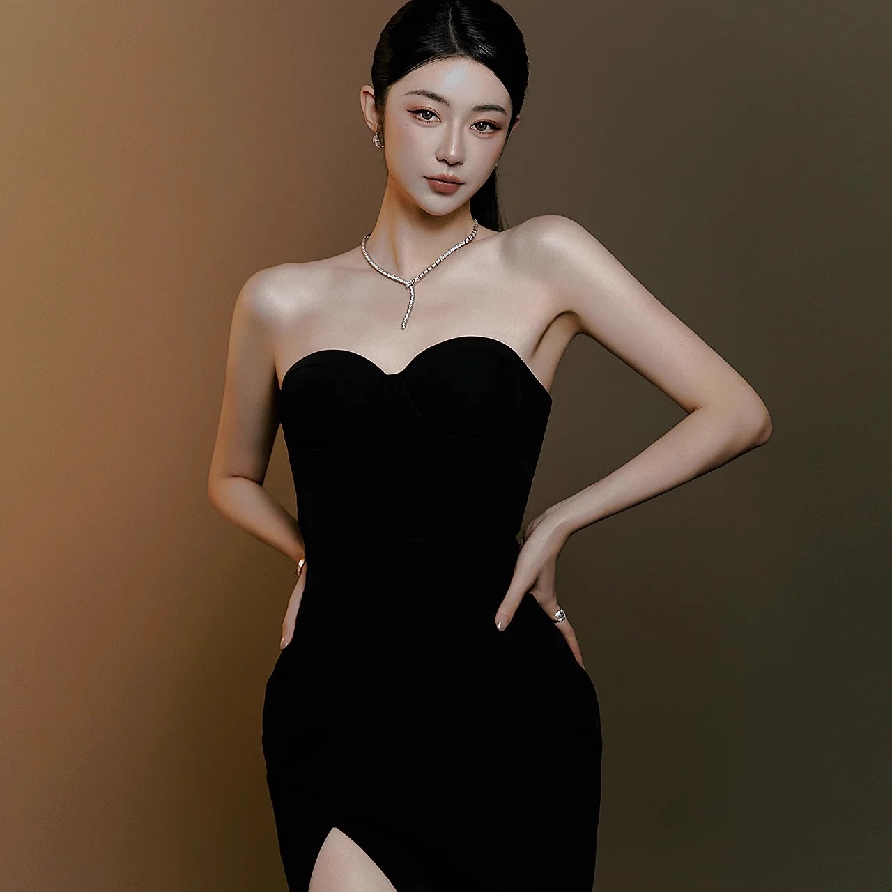 名媛风宴会长裙丝绒黑色显瘦修身