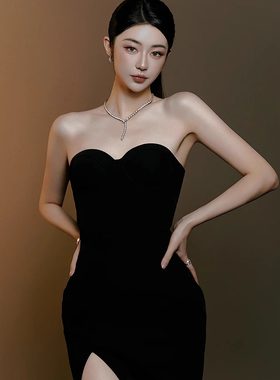 名媛风宴会长裙丝绒黑色显瘦修身