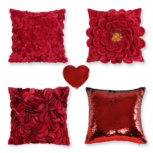 亮片爱心立体红色花朵抱枕套婚庆客厅沙发卧室床头护腰大靠垫含芯