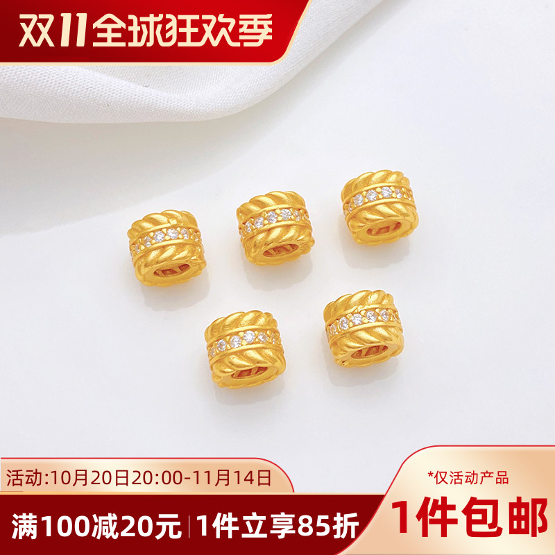 S925古法银镀金镶锆麦穗大孔桶珠