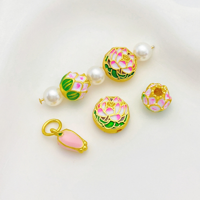 古法金太极莲花隔珠花苞吊坠