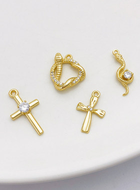 14K包金保色镶锆蛇形十字架吊坠