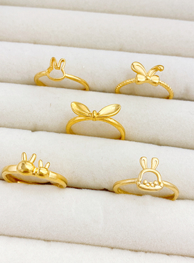 沙金简约蝴蝶结萌兔开口戒指