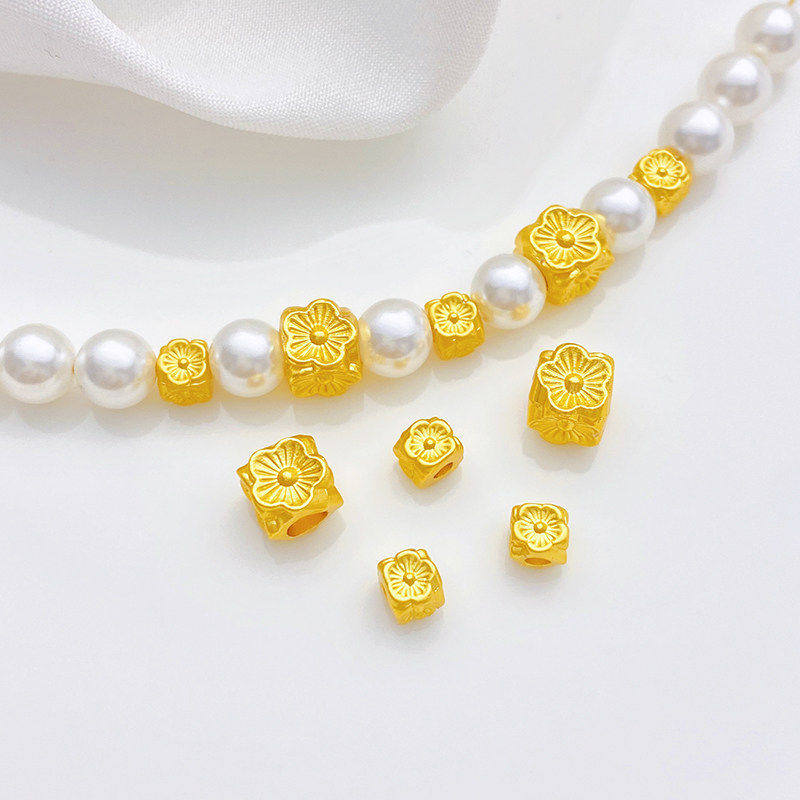 古法金小花隔珠正方形四面花穿孔珠手工diy串珠手链项链饰品配件