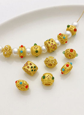 18K哑金保色镶嵌珠大孔车轮隔珠绿红色diy串手链项链饰品材料配件