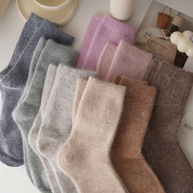 兔羊毛纯色羊绒堆堆中筒袜