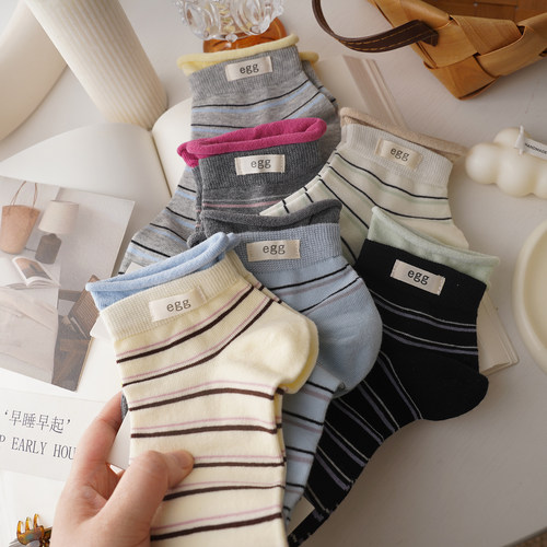 百搭韩系egg布标撞色条纹短袜