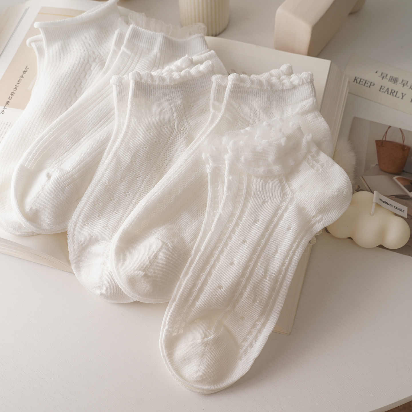 无骨缝头~透气网眼白色花边短袜