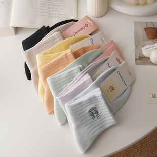 穿上不想脱 短筒棉袜 字母刺绣纯色高橡筋运动短袜女精梳棉春夏季