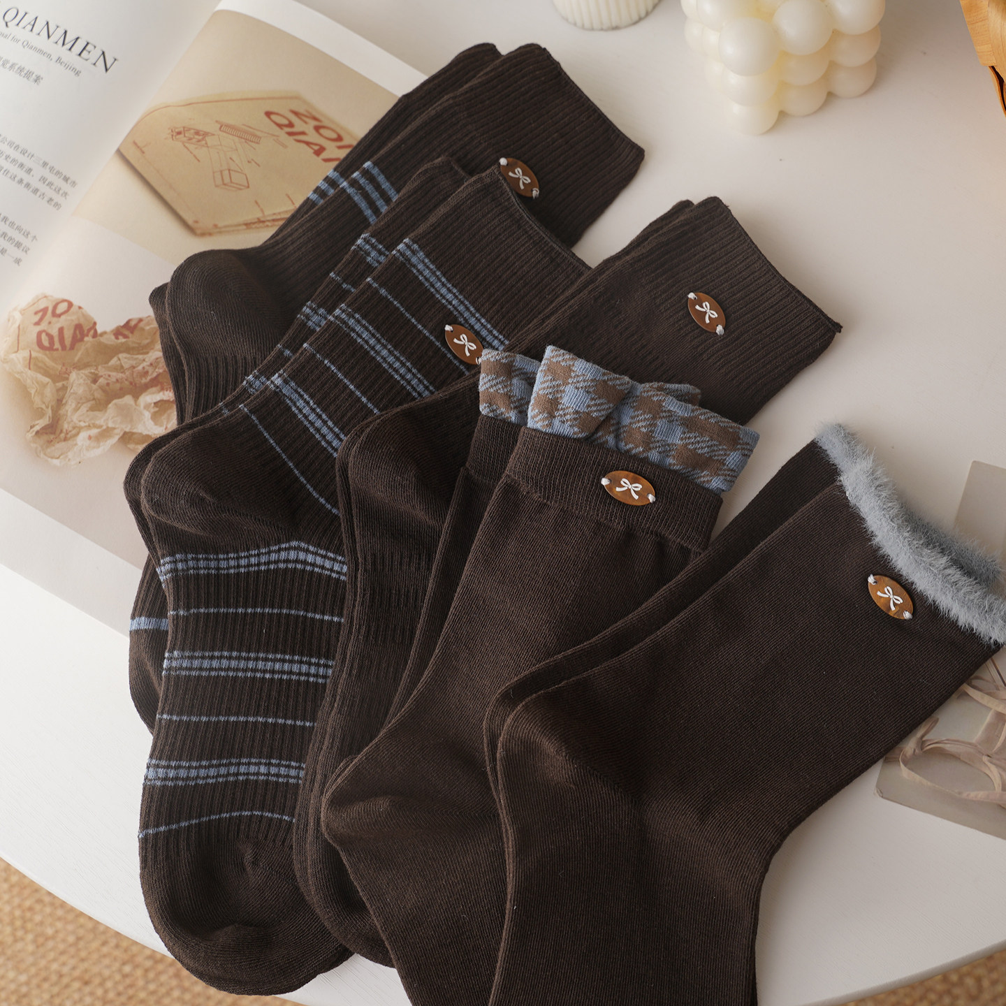 复古时髦~质感蓝咖色~无骨棉袜子女中筒秋冬毛毛花边条纹纽扣堆堆,女士内衣/男士内衣/家居服,中筒袜,淘宝优惠券,粉丝福利购,淘宝优惠卷