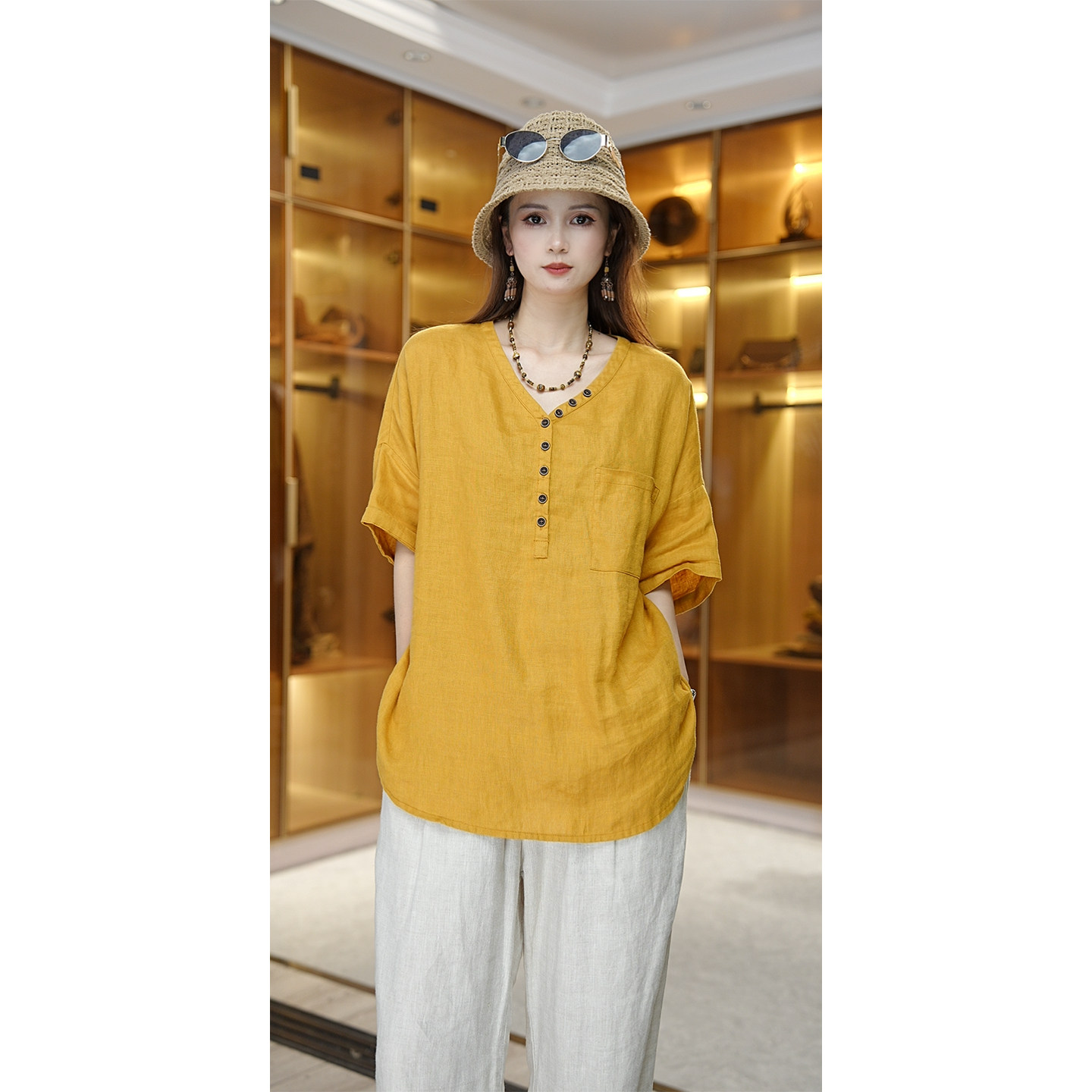 【100亚麻】短袖T恤女夏季新款V字领纯色大码休闲衬衫纽扣上衣