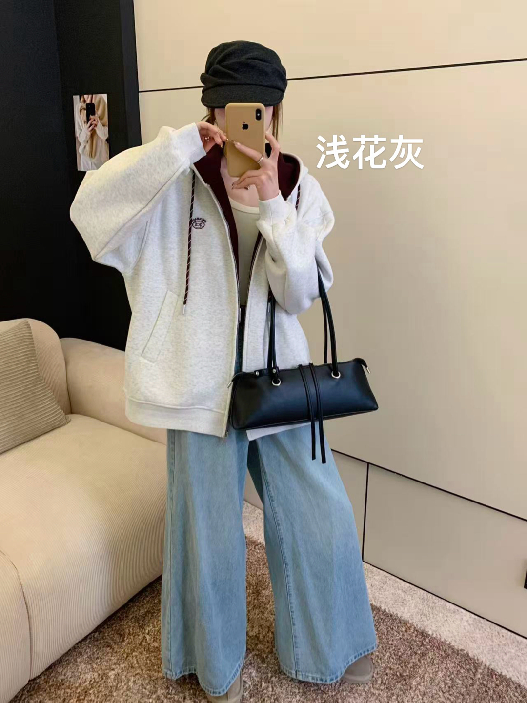 米兰风重磅纯棉灰色连帽外套女2025秋冬季加绒加厚设计感卫衣